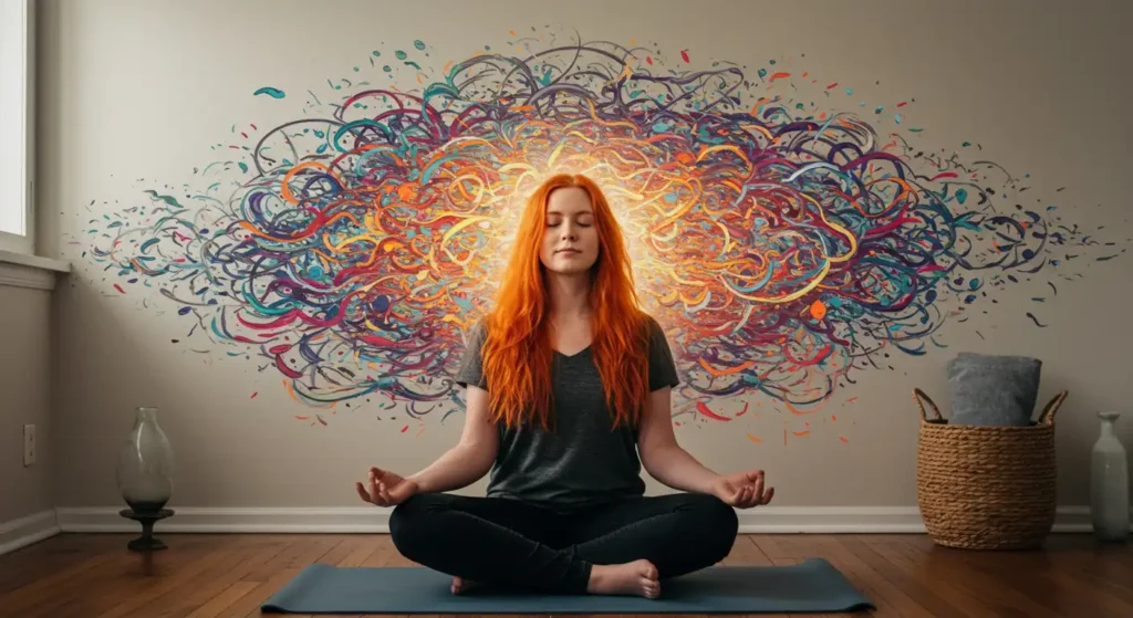 Meditating woman with orange hair in a serene and colorful environment, symbolizing the connection between mind and creativity and reflecting how strees affects your thouths and life. Practice meditation and find inner peace.