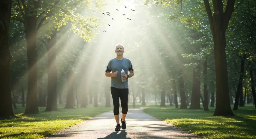 Man running in a sunlit park surrounded by trees and nature, promoting a healthy and active lifestyle.