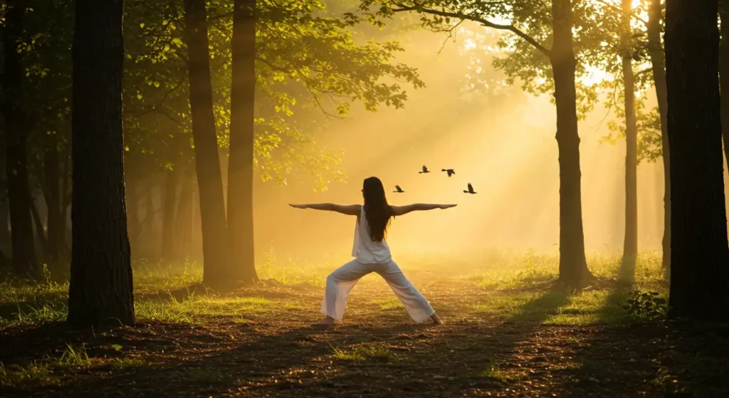 Woman practicing yoga in a sunlit natural environment, surrounded by trees and flying birds, promoting well-being and connection with nature.