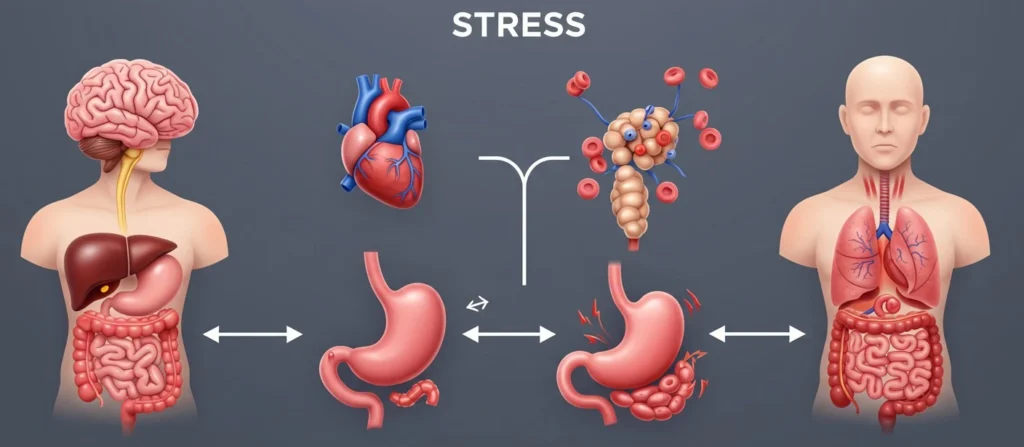 Illustrative image showing the relationship between stress and the organs of the human body, including the brain, heart, liver and digestive system and reflecting how strees affects your body and life.