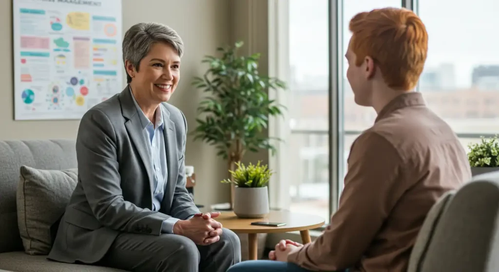 A therapist talking to a young man in a supportive environment. The image illustrates the importance of active listening and emotional support in therapy sessions.