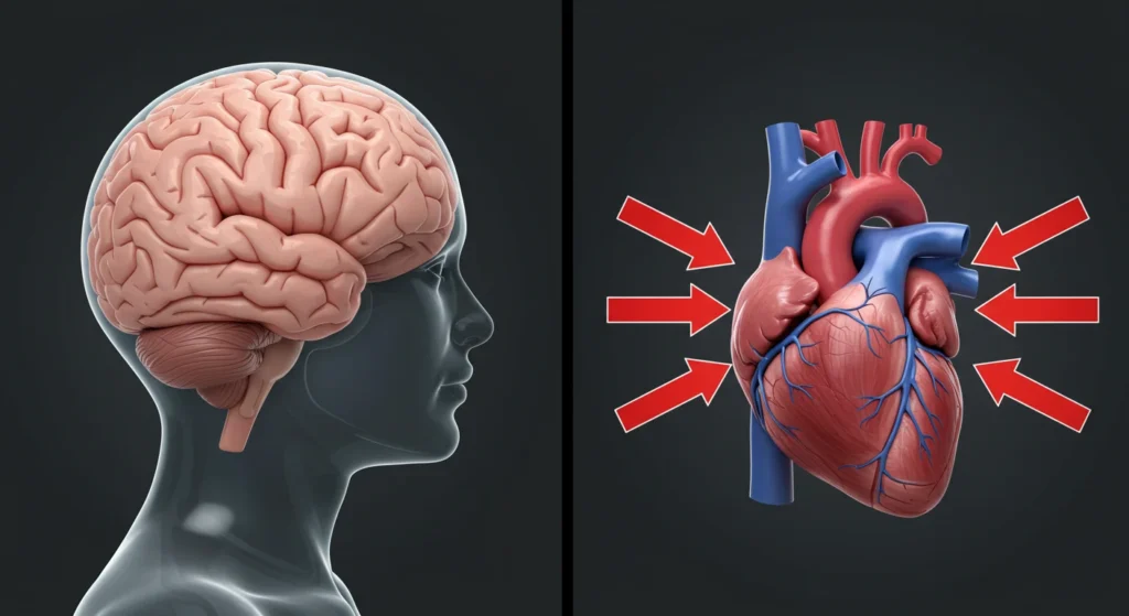 Illustrative image showing the relationship between the brain and the heart, highlighting the effects of stress on cardiovascular health and the importance of a healthy lifestyle.