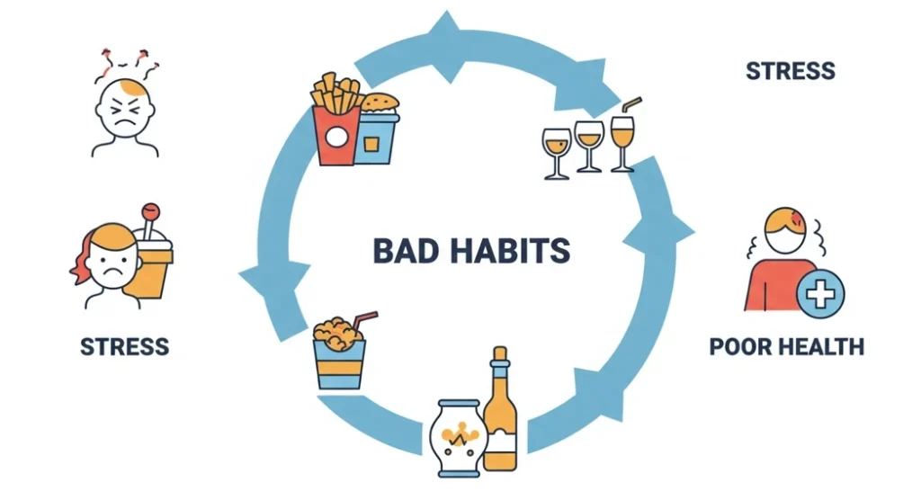 Illustration about bad habits, showing the link between stress, diet and health. The image presents a cycle that highlights how harmful eating habits influence health and stress.
