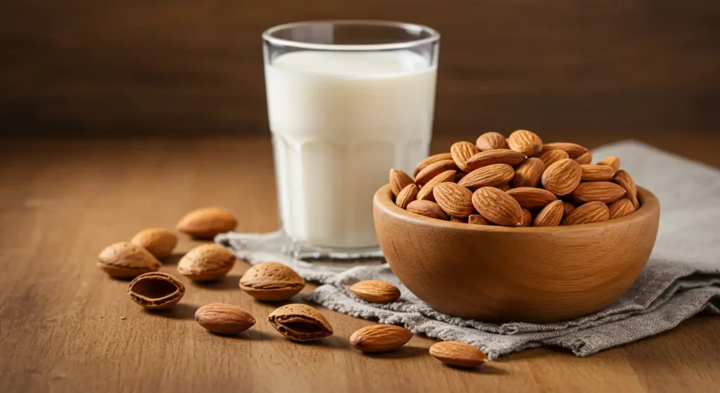 Image of almonds in a wooden bowl next to a glass of milk, representing superfoods that help boost energy and promote a healthy lifestyle.