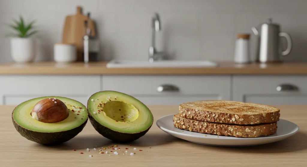 Image of fresh avocado cut in half next to slices of wholemeal bread, representing superfoods that help to promote a healthy lifestyle.