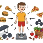Illustration of a boy on the fence between healthy food and fast food, symbolizing the struggle to maintain a balanced lifestyle in a world of food choices.
