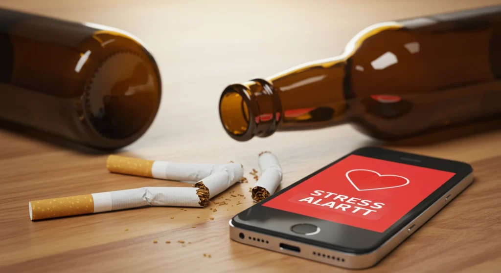 Illustrative image addressing habits that are harmful to heart health, such as alcohol and cigarette consumption, highlighting the importance of healthy habits