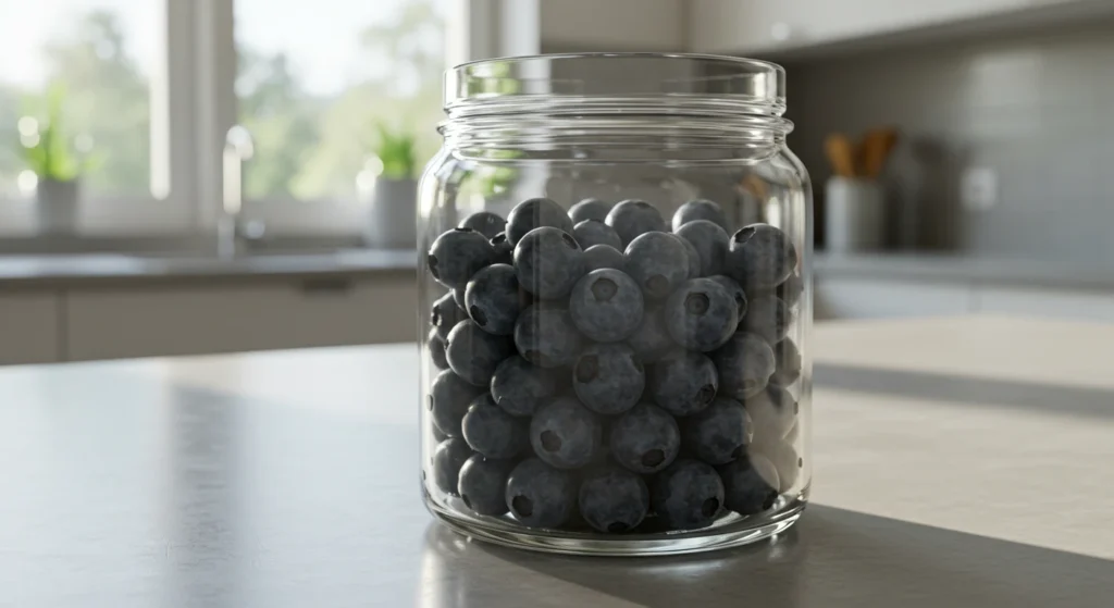 Glass jar filled with fresh blueberries, representing superfoods that help boost energy and promote a healthy lifestyle.