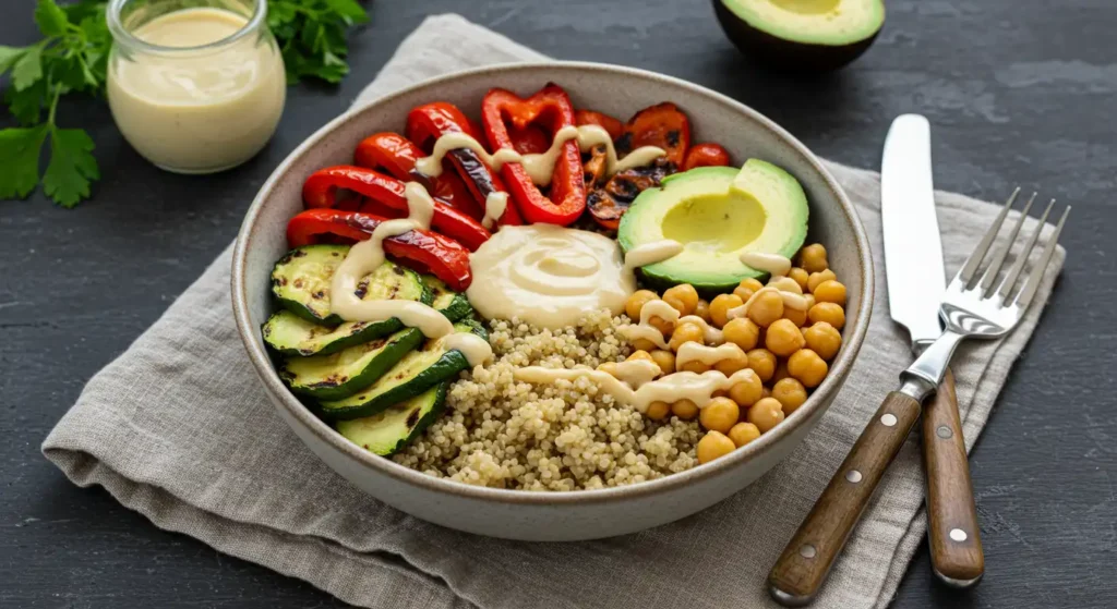 Nutritious bowl with quinoa, chickpeas, avocado and grilled vegetables, ideal for a healthy diet full of energy-boosting superfoods.