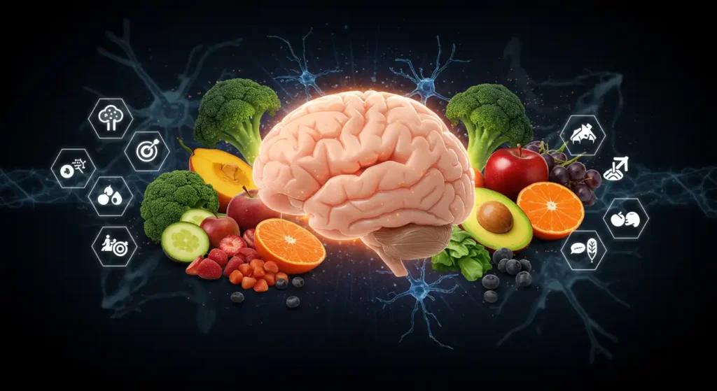 Image representing the brain surrounded by fruits and vegetables, symbolizing a healthy lifestyle and the health benefits of intermittent fasting.