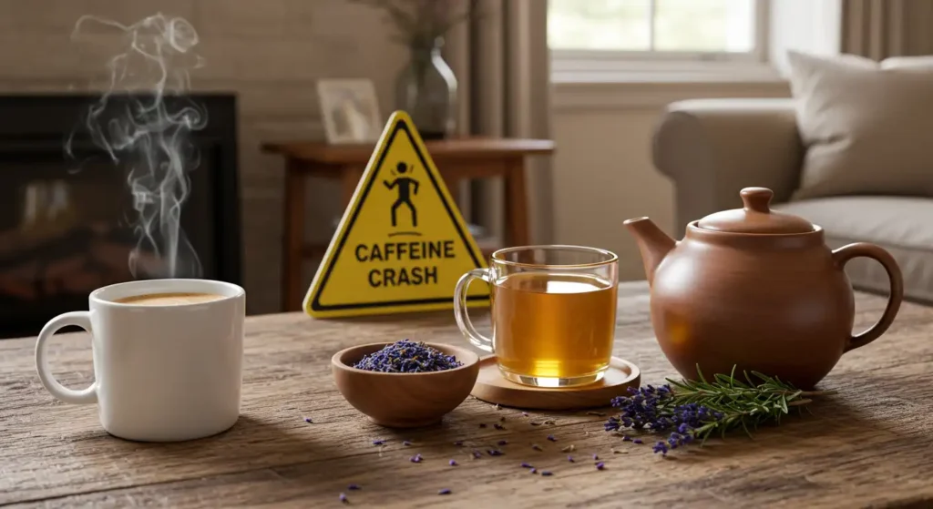 Image of a cup of hot coffee, tea, lavender flowers, caffeine crash warning sign and a living room in the background, illustrating the risks of caffeine addiction and its causes of fatigue.