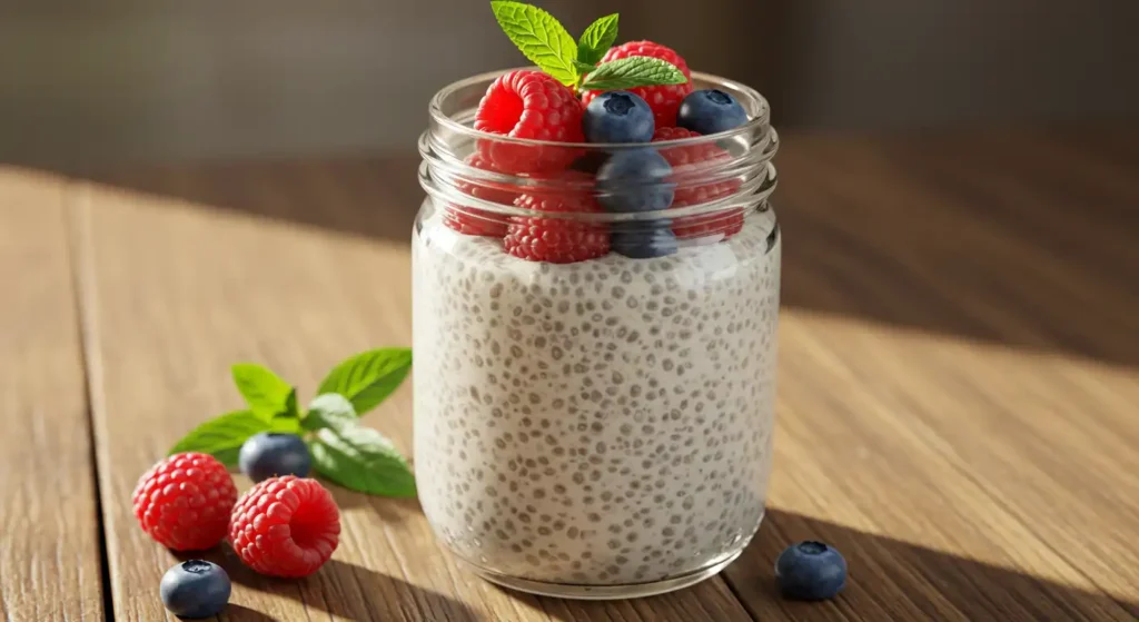 Delicious chia pudding with berries promoting superfoods, increased energy and healthy lifestyle.