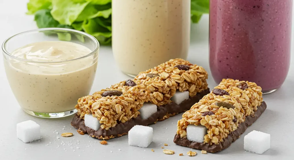 Image of chocolate-covered cereal bars, accompanied by yogurt and smoothies of different flavors, illustrating excessive sugar consumption showing the Shocking Truth About Sugar.