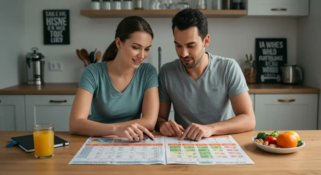 Couple analyzing intermittent fasting plan for weight loss and healthy eating in the kitchen, surrounded by fruits and vegetables.