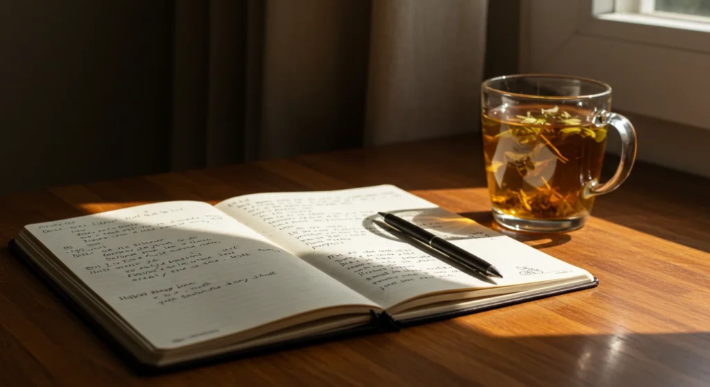 Image of an open diary with a pen and a cup of hot tea next to it, conveying a feeling of relaxation, ideal for improving mental health and relieving anxiety.