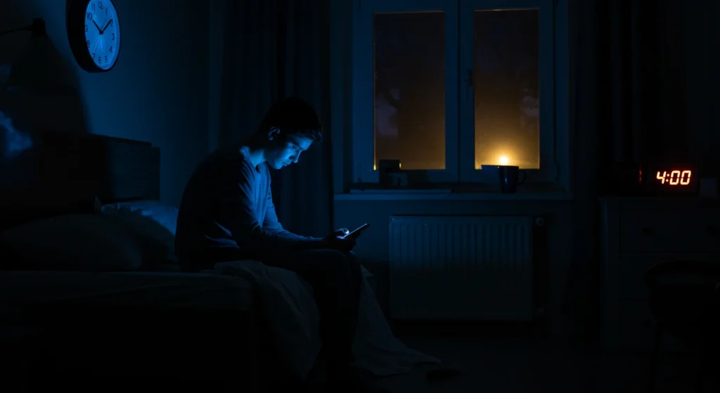 Person awake in the middle of the night using cell phone, illustrating circadian rhythm disorder and common cause of excessive fatigue and be tired all the time.