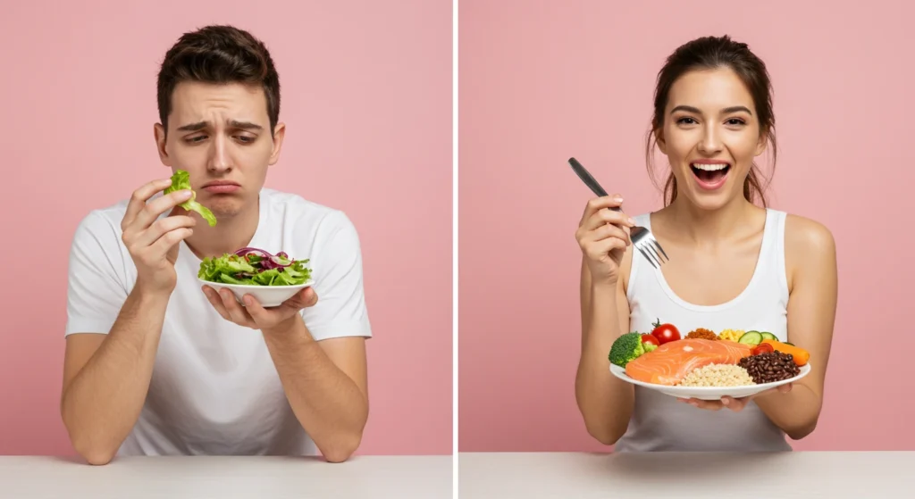 Dissatisfied man with salad and happy woman with healthy dish. The image shows the difference between pleasing and unpleasant meals promoting a healthy food to avoid accordion effect.