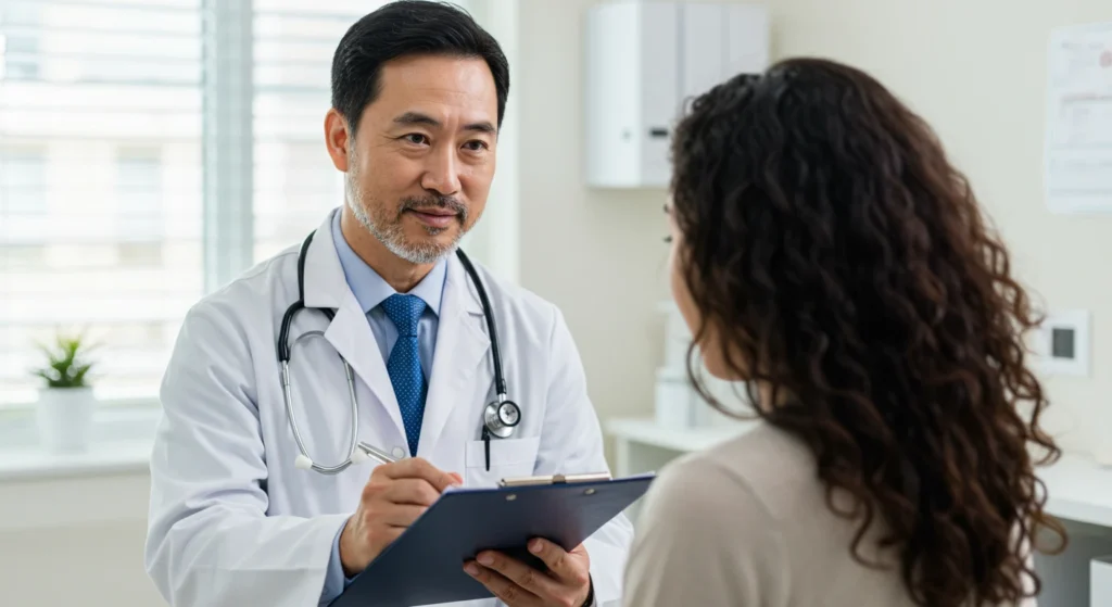Doctor talking to patient about fatigue, medical conditions and causes of be tired all the time in office.