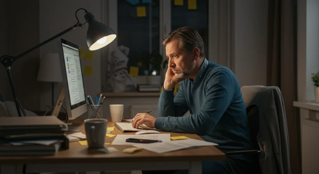 Thoughtful man in front of the computer, reflecting on the first signs of cognitive problems such as mental fog and metabolic disorders.