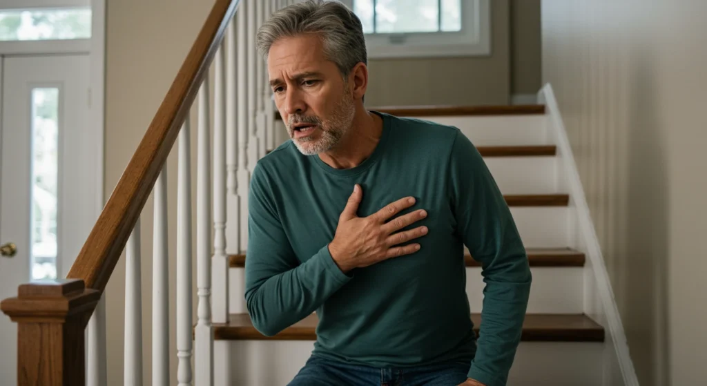 Man with difficulty breathing, signaling heart problems. Importance of recognizing the early signs of health issues as shortness of breath.