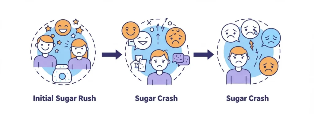Illustration showing the health effects of sugar addiction, from the rush to the crash, highlighting the importance of avoiding excessive sugar consumption for a healthy lifestyle.