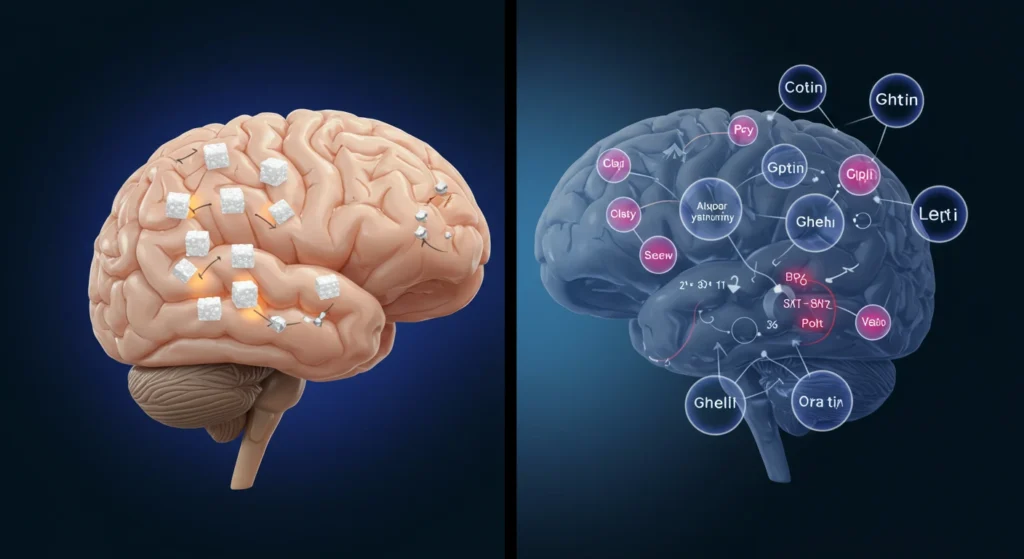 Brain illustrations showing the effects of excessive sugar consumption and the dangers of sugar addiction, including impacts on brain areas and warning signs of compromised health.