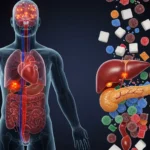 Illustration showing the health effects of excessive sugar consumption, including impact on the liver, pancreas and cardiovascular system, highlighting the truth about the effects of sugar, diabetes and healthy eating.