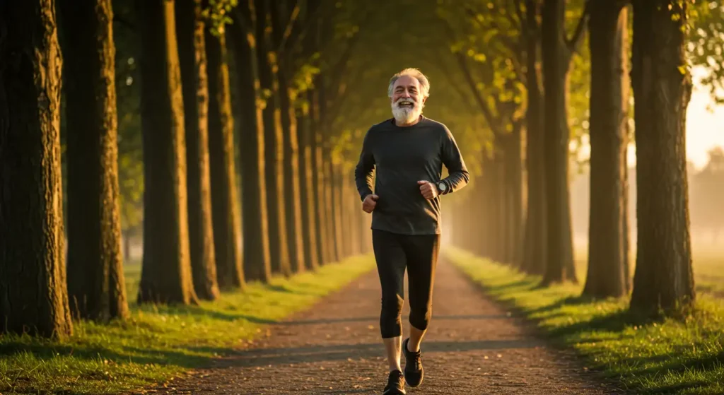 Elderly man running outdoors with trees and dirt road, symbolizing health and combating fatigue caused by inactivity, representing a person not being tired all the time.