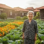 Smiling senior woman in a vibrant vegetable garden, representing healthy lifestyle habits and longevity secrets of the Blue Zones.