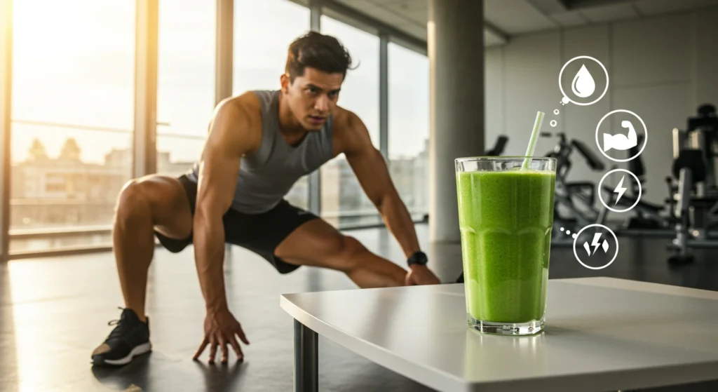 Man exercising in modern environment with a glass of green smoothie next to him. Tips on healthy lifestyle and weight loss.