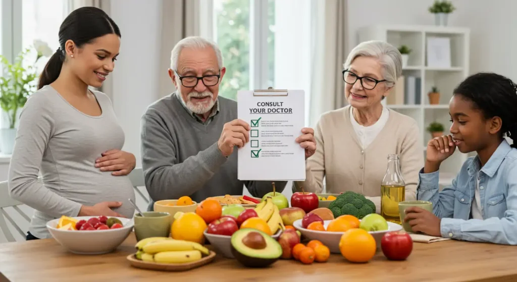Family gathered around a table with fresh fruits, discussing health and healthy lifestyle. Representation of intermittent fasting and healthy eating.