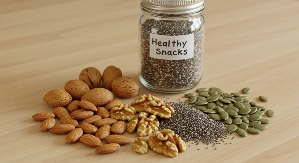 Image of healthy snacks including nuts, almonds and seeds in a food market. Ideal for weight loss and healthy eating.