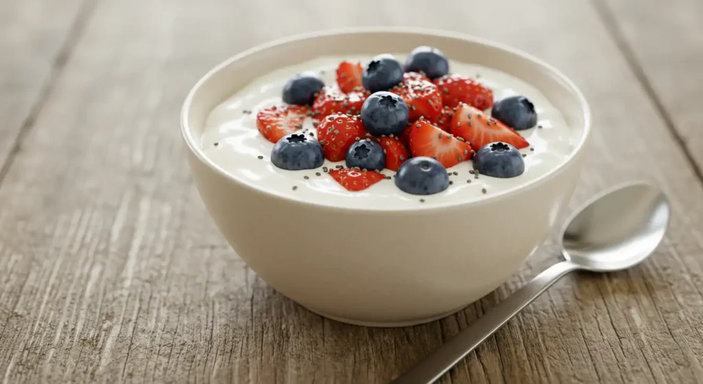 A delicious bowl of Greek yogurt with berries, including strawberries and blueberries, is a healthy and nutritious snack. Ideal for those seeking a balanced diet.