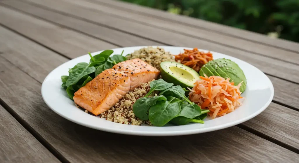 Plate with grilled salmon, avocado, spinach, quinoa, carrots, and other healthy foods in an outdoor setting, promoting mental health and stress reduction.