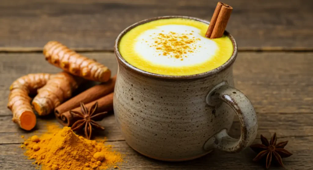 Healthy drink with turmeric, cinnamon and spices, perfect for those looking for superfoods to boost energy and maintain a healthy lifestyle.