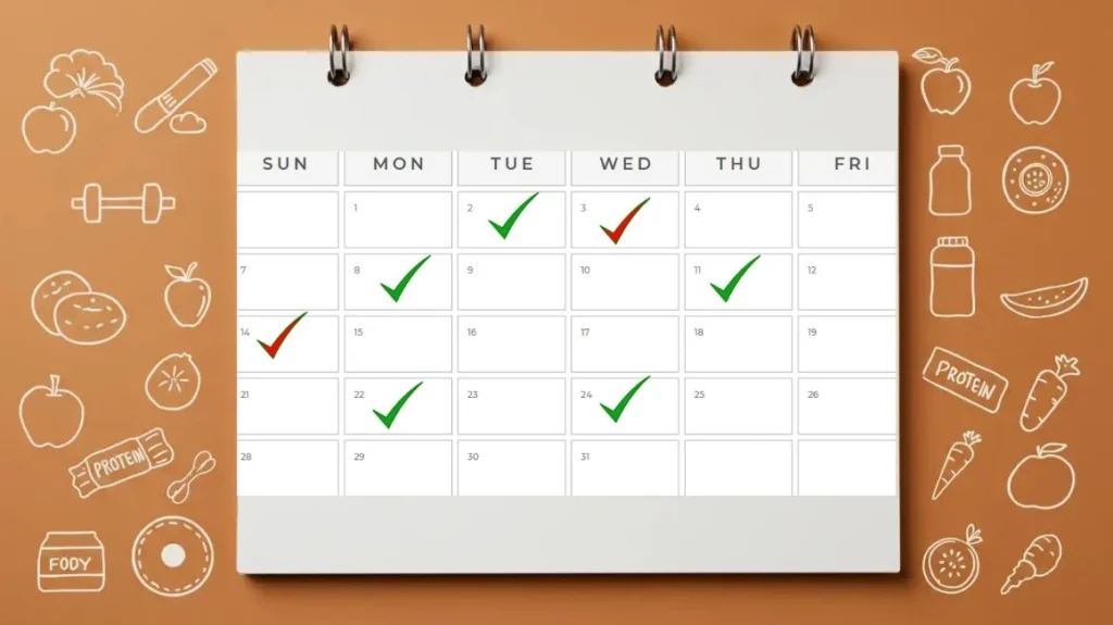 Healthy calendar with notes on food and exercise, ideal for meal planning and workouts. Keep your health up to date! reinforcing a consistency plan to avoid accordion effect and lose Weight.