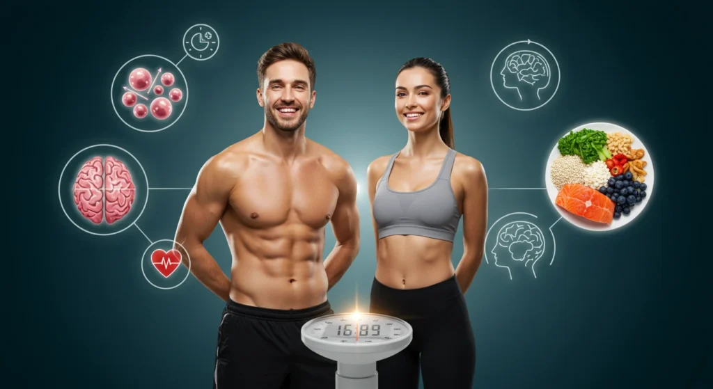 Healthy couple posing together focusing on healthy lifestyle, balanced diet and weight loss, representing intermittent fasting.