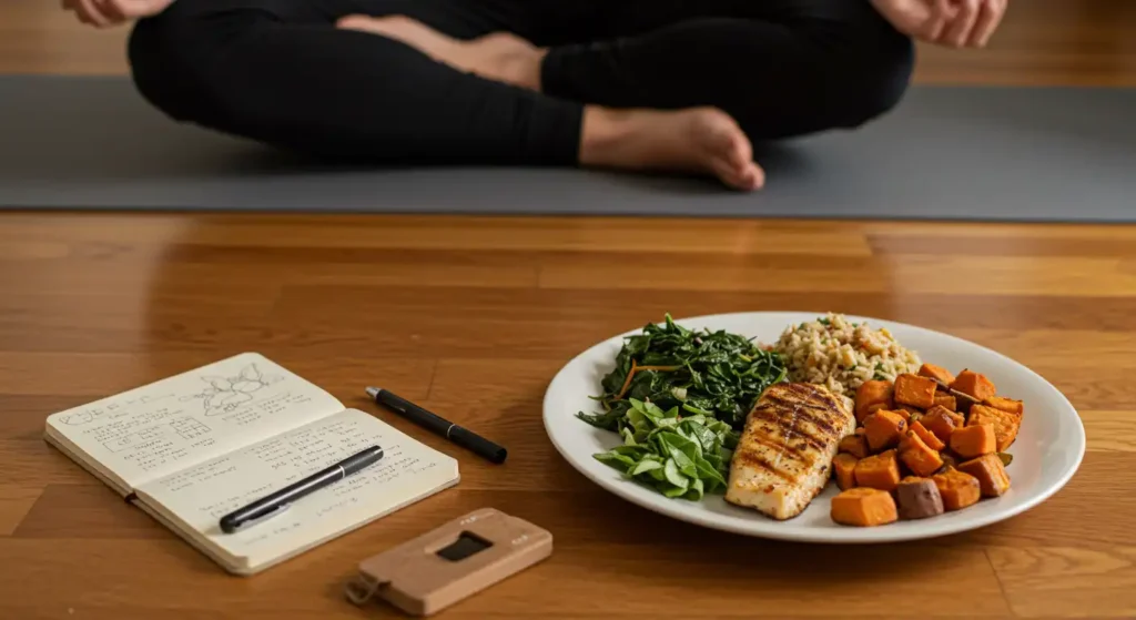 Healthy dish with grilled fish, vegetables, and rice, accompanied by a notebook and pen in a yoga setting