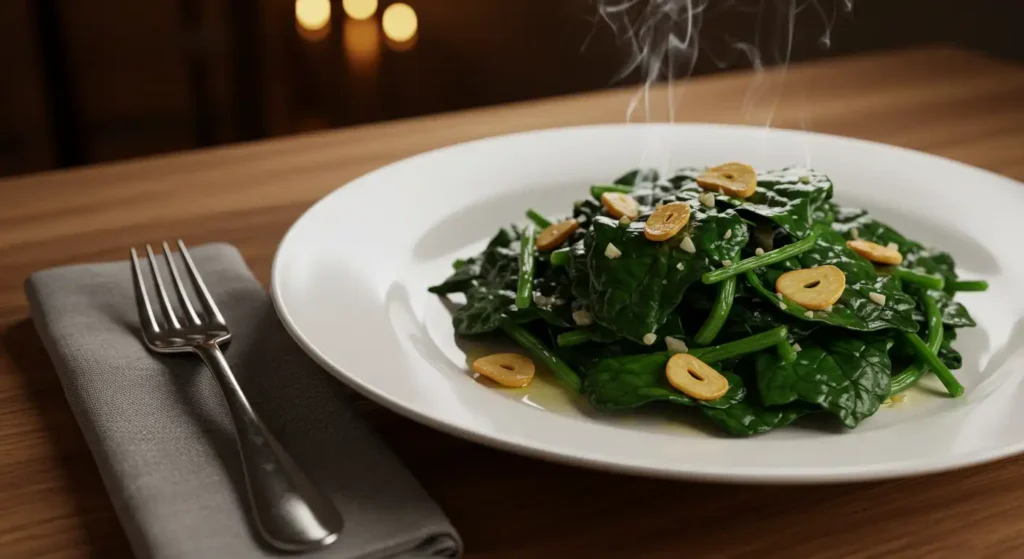 Healthy dish of spinach with garlic, ideal for those looking for superfoods to increase energy and maintain a healthy lifestyle.
