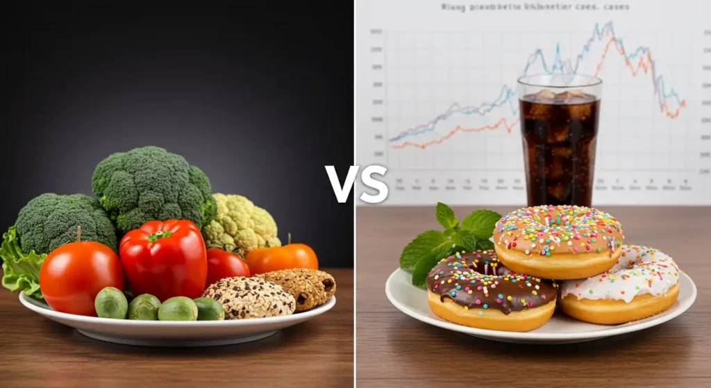 Comparison of healthy foods and sweet treats in relation to the risk of diabetes and chronic health, highlighting the impact on blood sugar.