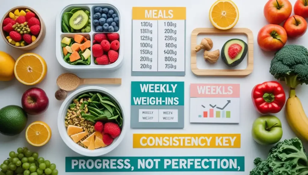 Color image with fruits, vegetables, and meal planning charts, reflecting a healthy and balanced approach to nutrition and weight tracking.