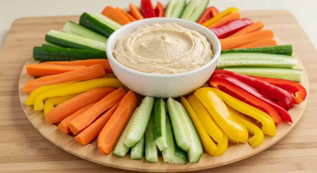 A healthy and colorful vegetable board, perfect for a gluten-free snack, accompanied by a creamy sauce, ideal for weight loss and well-being.