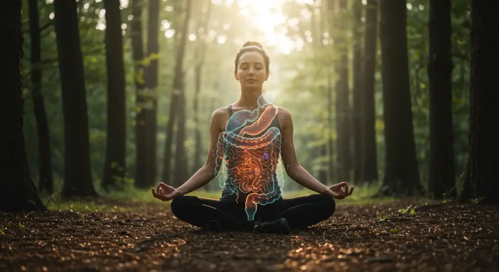 Image of a woman meditating in a forest, representing a healthy lifestyle and the importance of gut health and natural gut treatment.