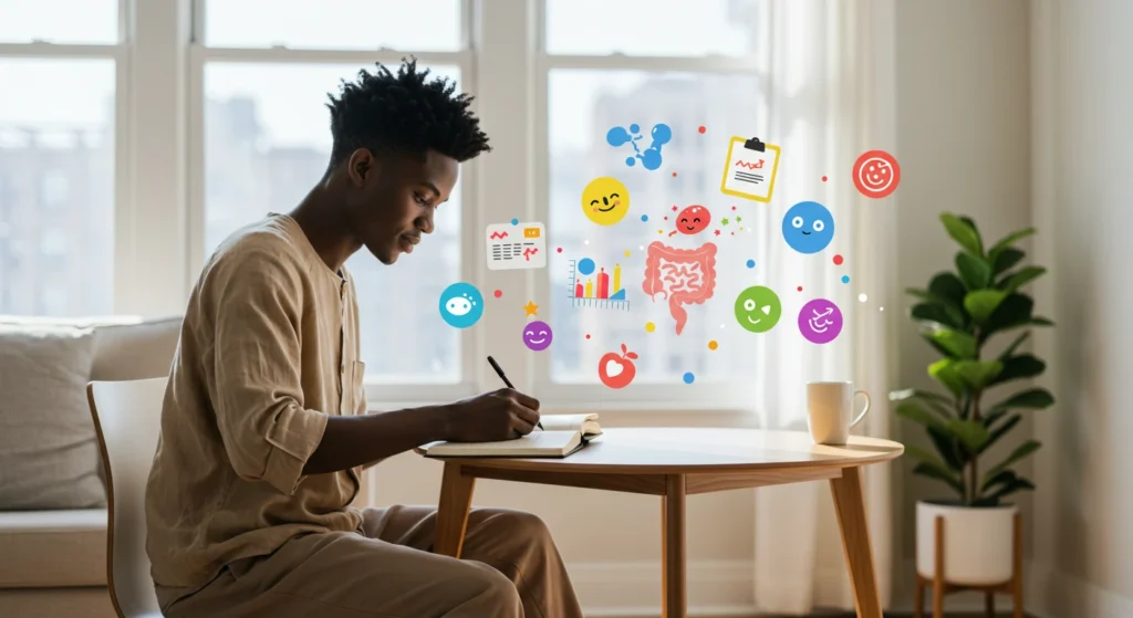 Image of a person writing in a notebook with colorful icons representing a healthy lifestyle in the background, symbolizing well-being.