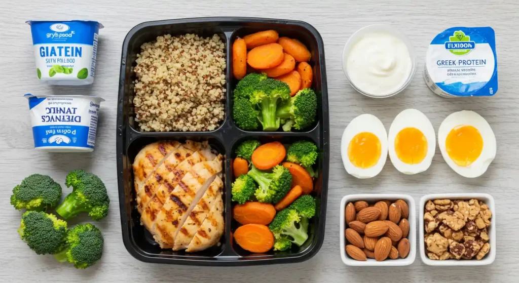 Image of a healthy meal with grilled chicken breast, quinoa, broccoli, carrots, eggs and snacks such as almonds and Greek yogurt, perfect for a balanced diet and avoiding accordion effect with consistency.