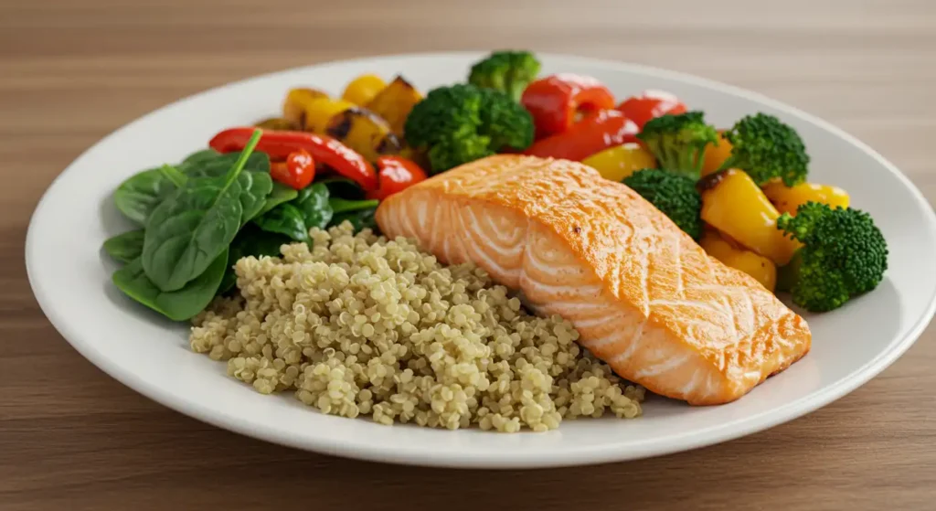 Healthy meal with salmon, quinoa and colorful vegetables, promoting adequate nutrition to combat fatigue, constant tiredness and causes related to poor diet.