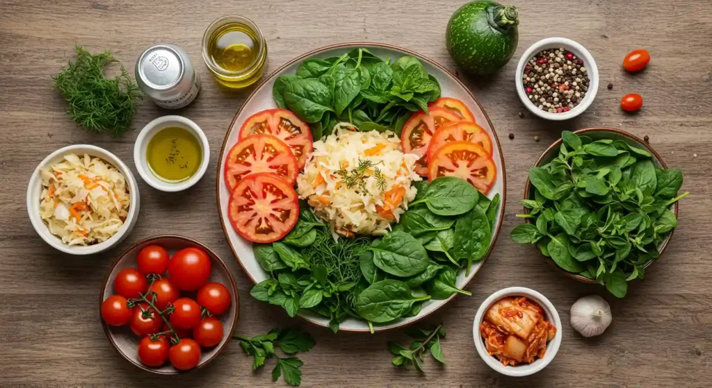 A healthy meal with fresh vegetables, including spinach, tomatoes, and kimchi, ideal for a healthy lifestyle and gut health.