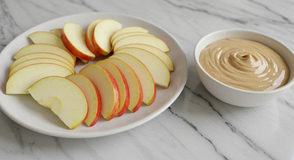 Red apple slices served on a plate, accompanied by a bowl of peanut noodles. A healthy snack option for weight loss.