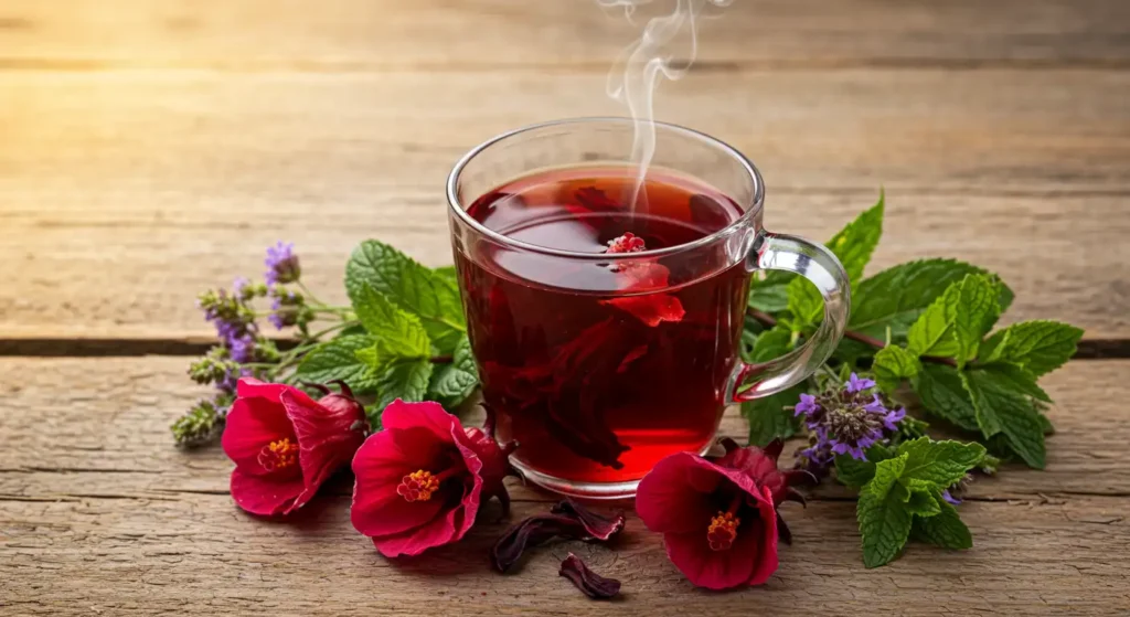 Hibiscus tea wrapped in fresh flowers, perfect for those looking to reduce blood pressure naturally with home remedies.