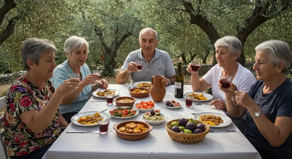 Group of seniors enjoying a healthy meal outdoors, representing the Blue Zones' longevity secrets of natural foods and healthy lifestyle habits.